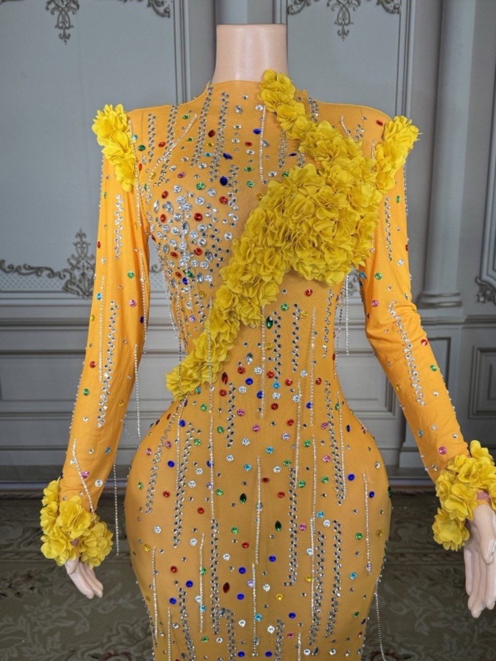 Yellow Sheer Multicolor Crystal Floral Appliqué Gown